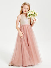 Long Junior Bridesmaid Gown Sequined Top Tulle Skirt Dusty Rose