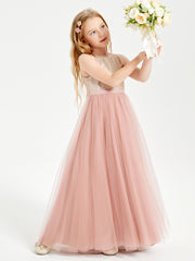 Long Junior Bridesmaid Gown Sequined Top Tulle Skirt Dusty Rose