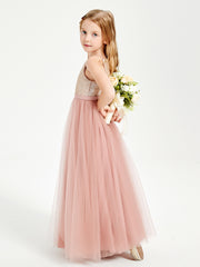 Long Junior Bridesmaid Gown Sequined Top Tulle Skirt Dusty Rose