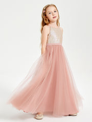 Long Junior Bridesmaid Gown Sequined Top Tulle Skirt Dusty Rose