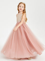 Long Junior Bridesmaid Gown Sequined Top Tulle Skirt Dusty Rose