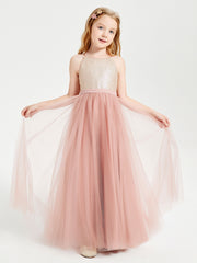 Long Junior Bridesmaid Gown Sequined Top Tulle Skirt Dusty Rose