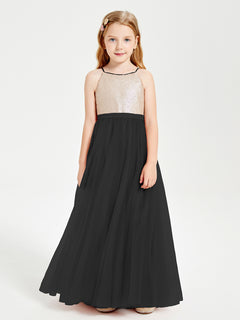 Long Junior Bridesmaid Gown Sequined Top Tulle Skirt Black