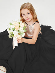 Long Junior Bridesmaid Gown Sequined Top Tulle Skirt Black