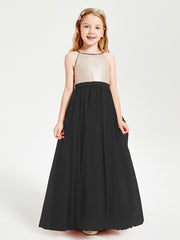 Long Junior Bridesmaid Gown Sequined Top Tulle Skirt Black