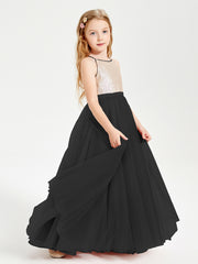 Long Junior Bridesmaid Gown Sequined Top Tulle Skirt Black