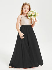 Long Junior Bridesmaid Gown Sequined Top Tulle Skirt Black