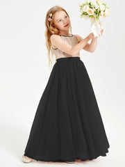 Long Junior Bridesmaid Gown Sequined Top Tulle Skirt Black