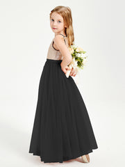 Long Junior Bridesmaid Gown Sequined Top Tulle Skirt Black