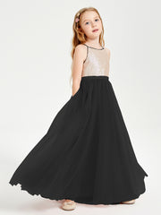 Long Junior Bridesmaid Gown Sequined Top Tulle Skirt Black