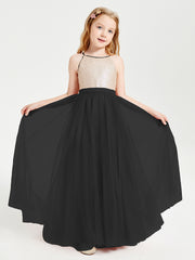 Long Junior Bridesmaid Gown Sequined Top Tulle Skirt Black