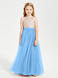 Long Junior Bridesmaid Gown Sequined Top Tulle Skirt Blue