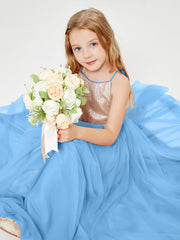 Long Junior Bridesmaid Gown Sequined Top Tulle Skirt Blue