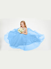 Long Junior Bridesmaid Gown Sequined Top Tulle Skirt Blue