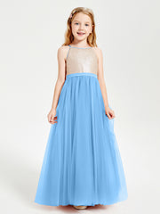 Long Junior Bridesmaid Gown Sequined Top Tulle Skirt Blue