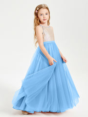 Long Junior Bridesmaid Gown Sequined Top Tulle Skirt Blue