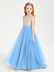 Long Junior Bridesmaid Gown Sequined Top Tulle Skirt Blue