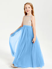 Long Junior Bridesmaid Gown Sequined Top Tulle Skirt Blue