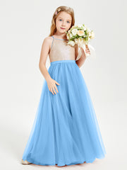 Long Junior Bridesmaid Gown Sequined Top Tulle Skirt Blue