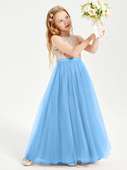 Long Junior Bridesmaid Gown Sequined Top Tulle Skirt Blue