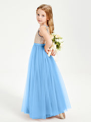 Long Junior Bridesmaid Gown Sequined Top Tulle Skirt Blue