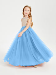 Long Junior Bridesmaid Gown Sequined Top Tulle Skirt Blue