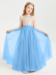 Long Junior Bridesmaid Gown Sequined Top Tulle Skirt Blue