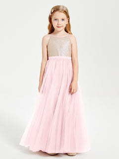 Long Junior Bridesmaid Gown Sequined Top Tulle Skirt Blushing Pink