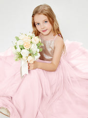 Long Junior Bridesmaid Gown Sequined Top Tulle Skirt Blushing Pink