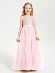 Long Junior Bridesmaid Gown Sequined Top Tulle Skirt Blushing Pink