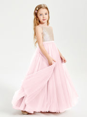 Long Junior Bridesmaid Gown Sequined Top Tulle Skirt Blushing Pink