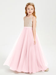 Long Junior Bridesmaid Gown Sequined Top Tulle Skirt Blushing Pink