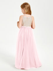Long Junior Bridesmaid Gown Sequined Top Tulle Skirt Blushing Pink