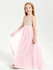 Long Junior Bridesmaid Gown Sequined Top Tulle Skirt Blushing Pink