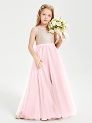 Long Junior Bridesmaid Gown Sequined Top Tulle Skirt Blushing Pink