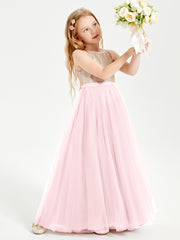 Long Junior Bridesmaid Gown Sequined Top Tulle Skirt Blushing Pink