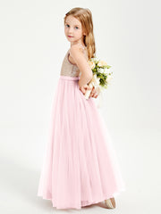 Long Junior Bridesmaid Gown Sequined Top Tulle Skirt Blushing Pink