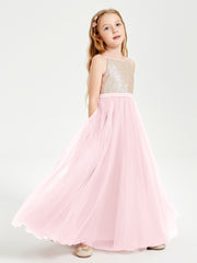 Long Junior Bridesmaid Gown Sequined Top Tulle Skirt Blushing Pink