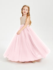 Long Junior Bridesmaid Gown Sequined Top Tulle Skirt Blushing Pink