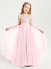 Long Junior Bridesmaid Gown Sequined Top Tulle Skirt Blushing Pink
