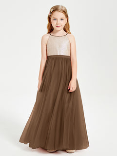 Long Junior Bridesmaid Gown Sequined Top Tulle Skirt Brown