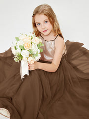 Long Junior Bridesmaid Gown Sequined Top Tulle Skirt Brown