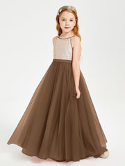 Long Junior Bridesmaid Gown Sequined Top Tulle Skirt Brown