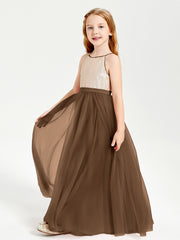 Long Junior Bridesmaid Gown Sequined Top Tulle Skirt Brown