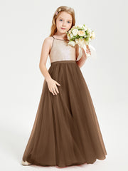 Long Junior Bridesmaid Gown Sequined Top Tulle Skirt Brown