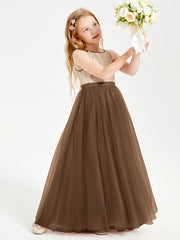 Long Junior Bridesmaid Gown Sequined Top Tulle Skirt Brown