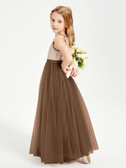 Long Junior Bridesmaid Gown Sequined Top Tulle Skirt Brown
