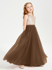 Long Junior Bridesmaid Gown Sequined Top Tulle Skirt Brown