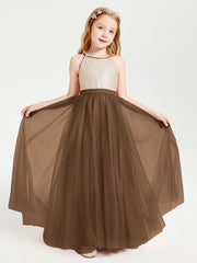 Long Junior Bridesmaid Gown Sequined Top Tulle Skirt Brown