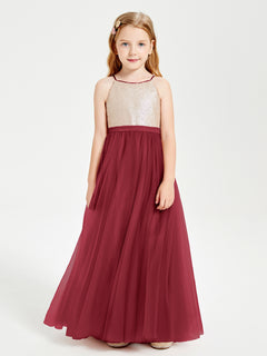 Long Junior Bridesmaid Gown Sequined Top Tulle Skirt Burgundy